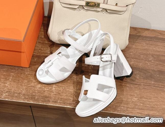 Good Quality Hermes Jazz High Heel Sandals 10.5cm in Grained Calfskin Snow White 1230105