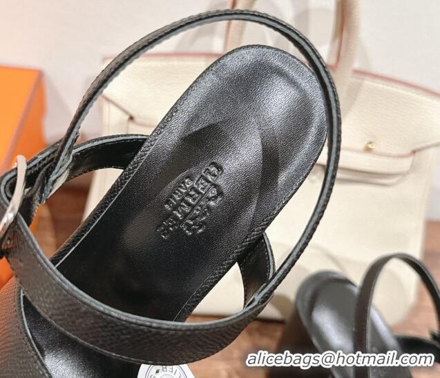 Best Grade Hermes Jazz High Heel Sandals 10.5cm in Grained Calfskin Black 1230106