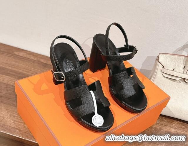 Best Grade Hermes Jazz High Heel Sandals 10.5cm in Grained Calfskin Black 1230106