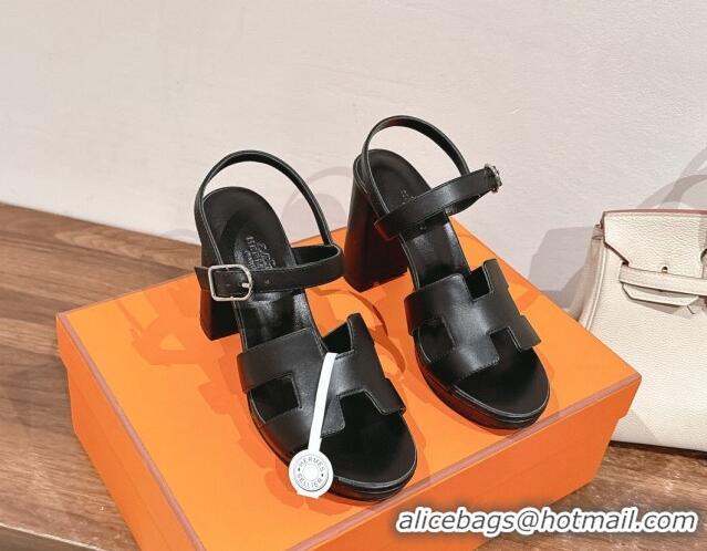 Pretty Style Hermes Jazz High Heel Sandals 10.5cm in Smooth Calfskin Black 1230109