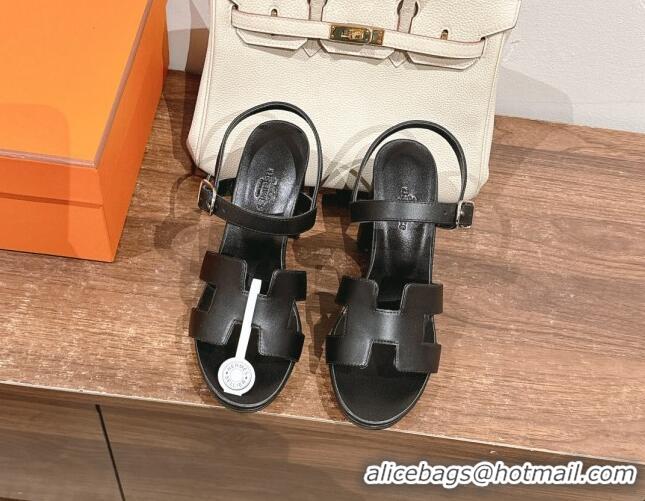 Pretty Style Hermes Jazz High Heel Sandals 10.5cm in Smooth Calfskin Black 1230109