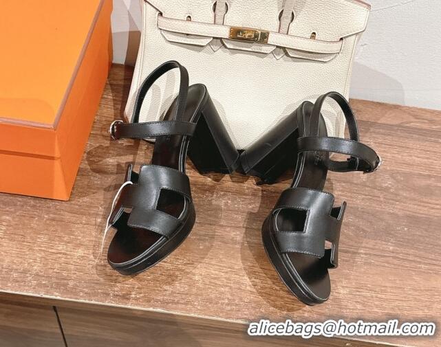 Pretty Style Hermes Jazz High Heel Sandals 10.5cm in Smooth Calfskin Black 1230109