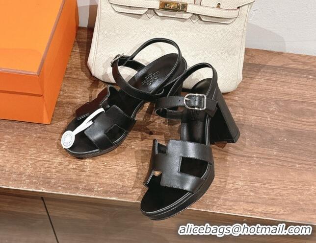 Pretty Style Hermes Jazz High Heel Sandals 10.5cm in Smooth Calfskin Black 1230109