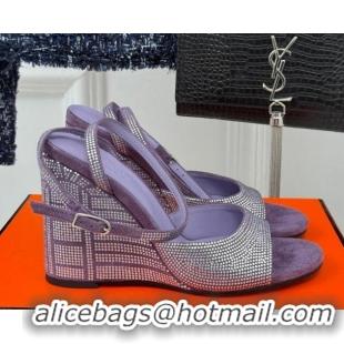 Shop Duplicate Hermes Jolie Wedge Sandals 8cm in Suede with Strass Allover Purple 1230111