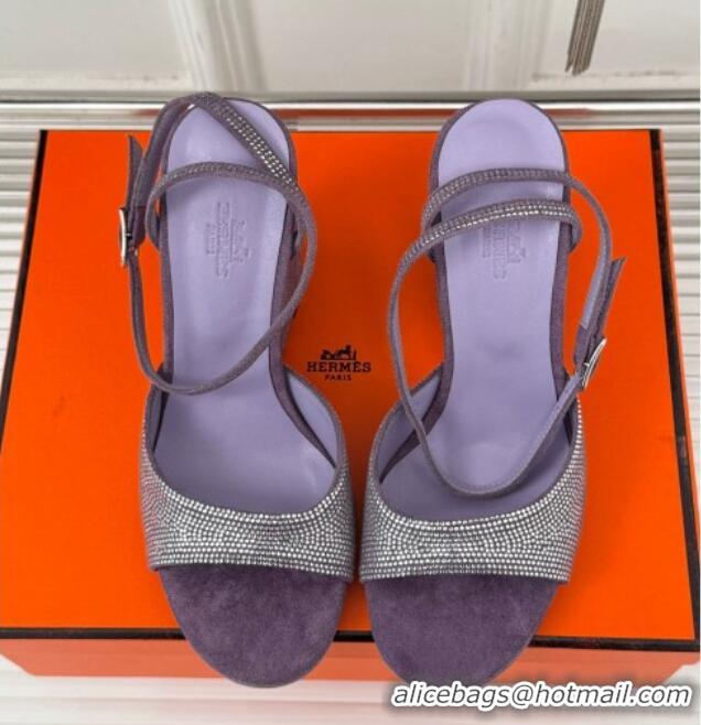 Shop Duplicate Hermes Jolie Wedge Sandals 8cm in Suede with Strass Allover Purple 1230111