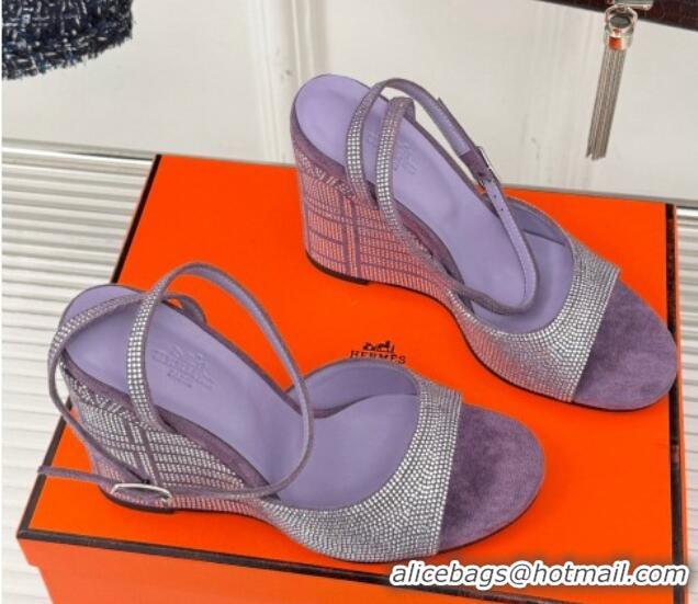 Shop Duplicate Hermes Jolie Wedge Sandals 8cm in Suede with Strass Allover Purple 1230111