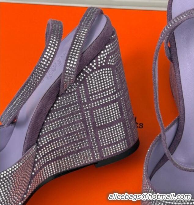 Shop Duplicate Hermes Jolie Wedge Sandals 8cm in Suede with Strass Allover Purple 1230111