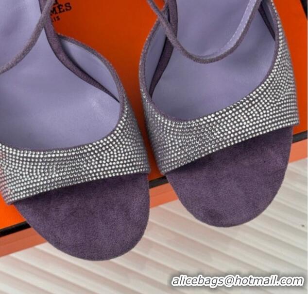 Shop Duplicate Hermes Jolie Wedge Sandals 8cm in Suede with Strass Allover Purple 1230111