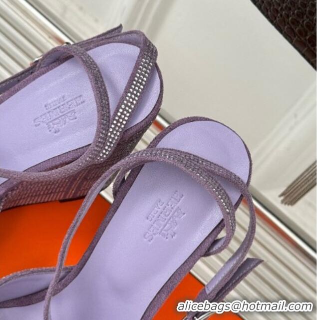 Shop Duplicate Hermes Jolie Wedge Sandals 8cm in Suede with Strass Allover Purple 1230111