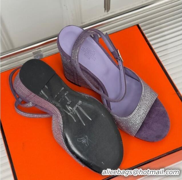 Shop Duplicate Hermes Jolie Wedge Sandals 8cm in Suede with Strass Allover Purple 1230111