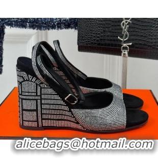 Purchase Hermes Jolie Wedge Sandals 8cm in Suede with Strass Allover Black 1230112