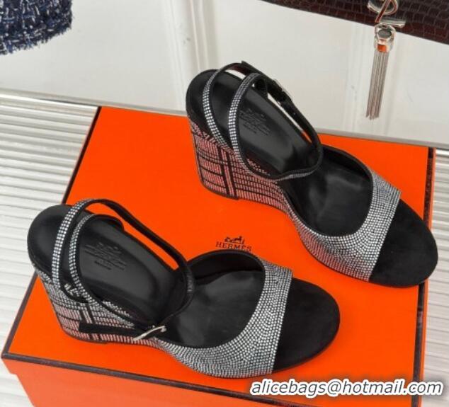 Purchase Hermes Jolie Wedge Sandals 8cm in Suede with Strass Allover Black 1230112