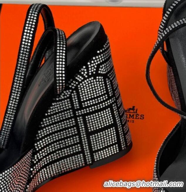 Purchase Hermes Jolie Wedge Sandals 8cm in Suede with Strass Allover Black 1230112