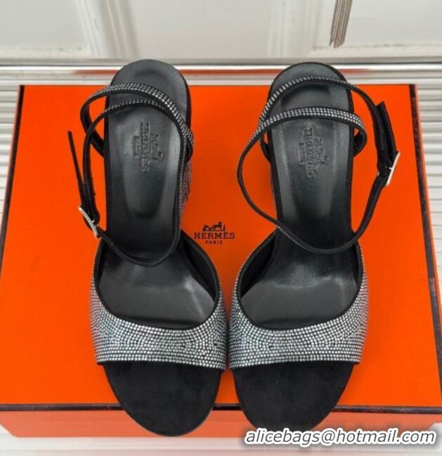 Purchase Hermes Jolie Wedge Sandals 8cm in Suede with Strass Allover Black 1230112