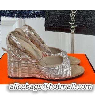 Popular Style Hermes Jolie Wedge Sandals 8cm in Suede with Strass Allover Beige 1230113