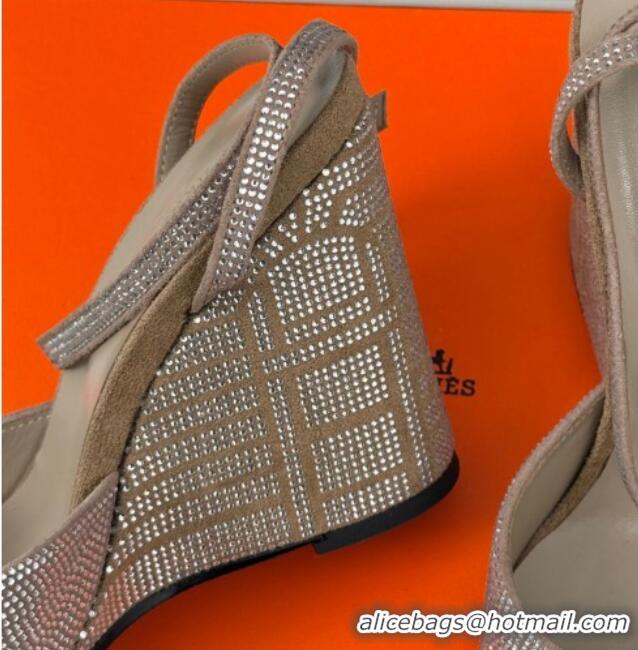 Popular Style Hermes Jolie Wedge Sandals 8cm in Suede with Strass Allover Beige 1230113