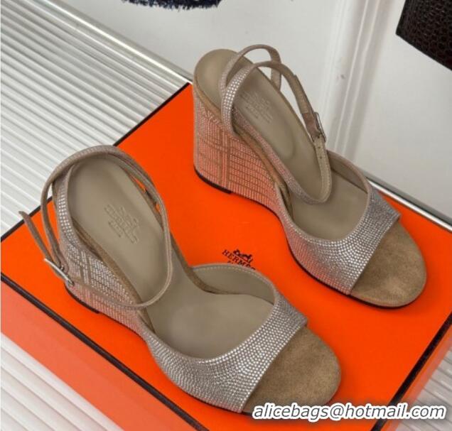 Popular Style Hermes Jolie Wedge Sandals 8cm in Suede with Strass Allover Beige 1230113