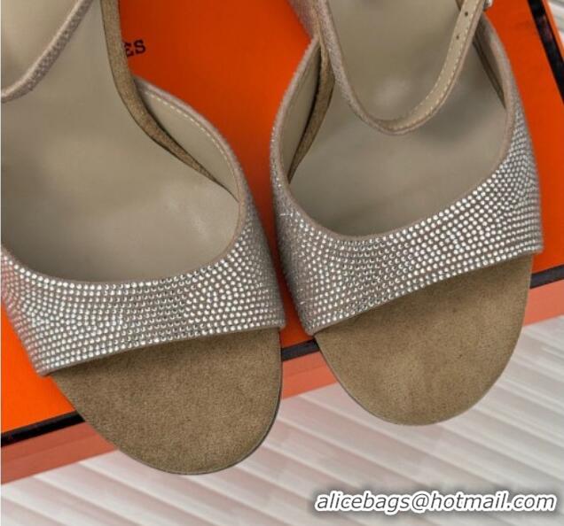 Popular Style Hermes Jolie Wedge Sandals 8cm in Suede with Strass Allover Beige 1230113