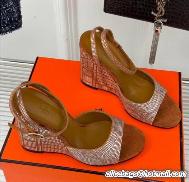 Unique Style Hermes Jolie Wedge Sandals 8cm in Suede with Strass Allover Brown 1230114