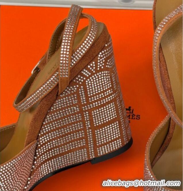 Unique Style Hermes Jolie Wedge Sandals 8cm in Suede with Strass Allover Brown 1230114