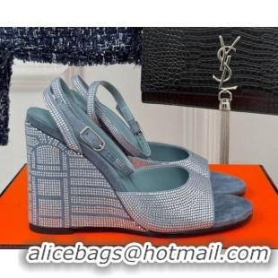 Best Product Hermes Jolie Wedge Sandals 8cm in Suede with Strass Allover Blue 1230115