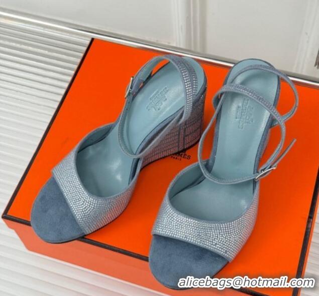 Best Product Hermes Jolie Wedge Sandals 8cm in Suede with Strass Allover Blue 1230115