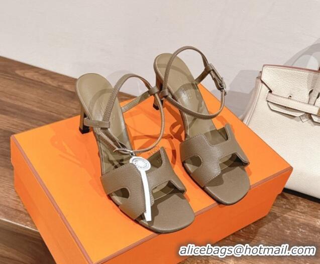 Top Design Hermes Heden Heel Sandals 8cm in Epsom Leather Grey 1230116