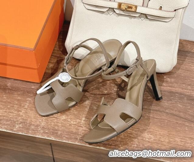 Top Design Hermes Heden Heel Sandals 8cm in Epsom Leather Grey 1230116