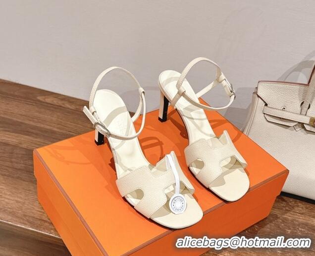 Top Grade Hermes Heden Heel Sandals 8cm in Epsom Leather Ivory White 1230118