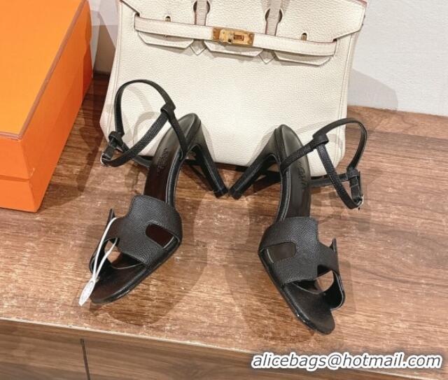 Luxurious Hermes Heden Heel Sandals 8cm in Epsom Leather Black 1230121