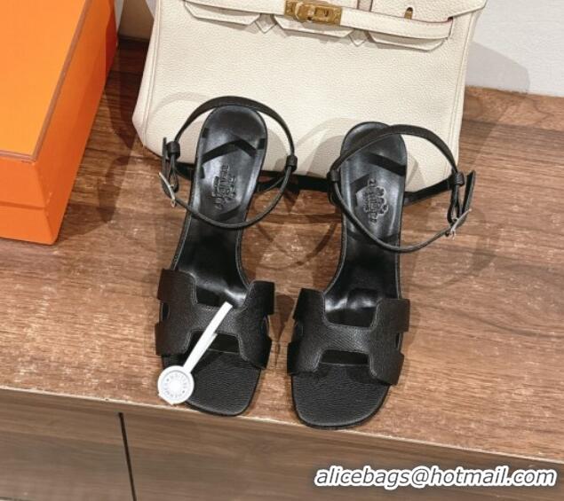 Luxurious Hermes Heden Heel Sandals 8cm in Epsom Leather Black 1230121