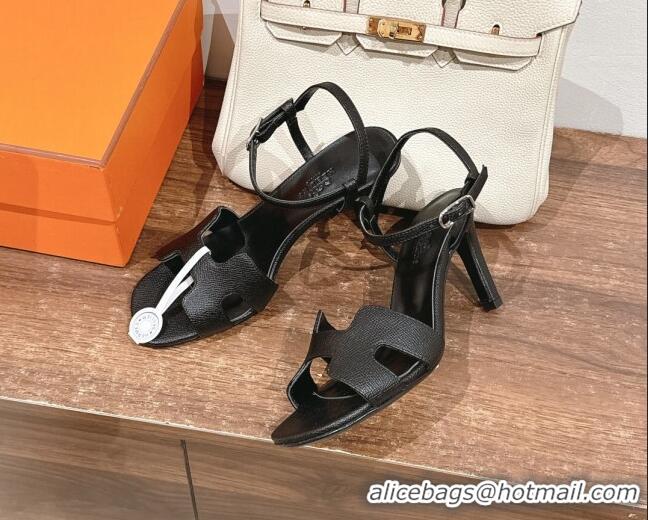 Luxurious Hermes Heden Heel Sandals 8cm in Epsom Leather Black 1230121