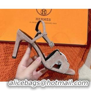 Good Product Hermes Heden Heel Sandals 8cm in Suede with Strass Pink 1230122