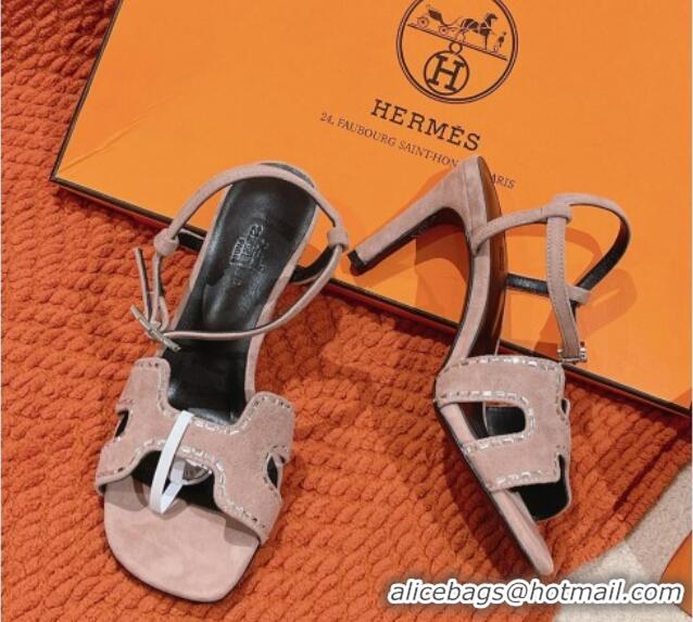 Good Product Hermes Heden Heel Sandals 8cm in Suede with Strass Pink 1230122