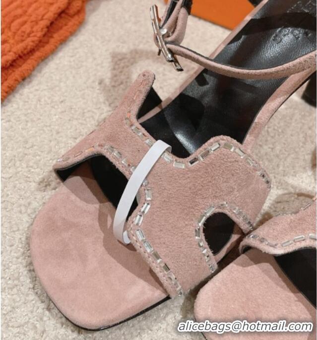 Good Product Hermes Heden Heel Sandals 8cm in Suede with Strass Pink 1230122