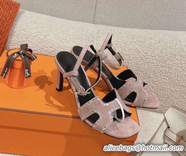 Good Product Hermes Heden Heel Sandals 8cm in Suede with Strass Pink 1230122