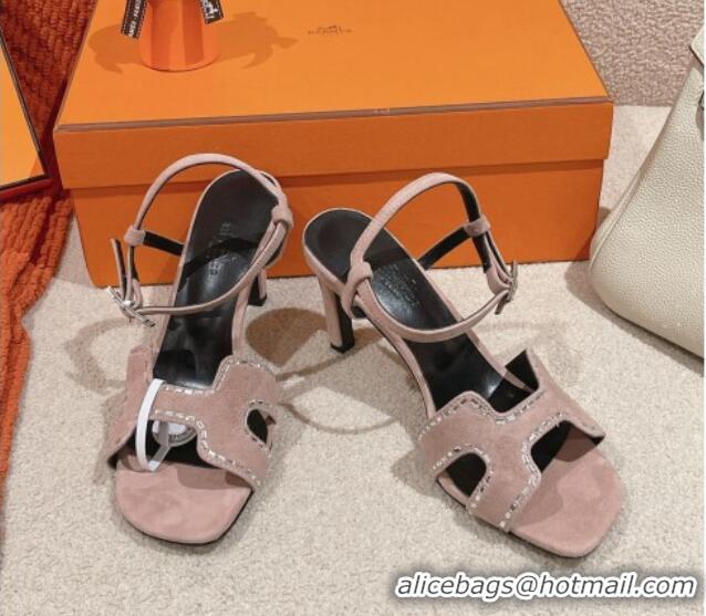 Good Product Hermes Heden Heel Sandals 8cm in Suede with Strass Pink 1230122