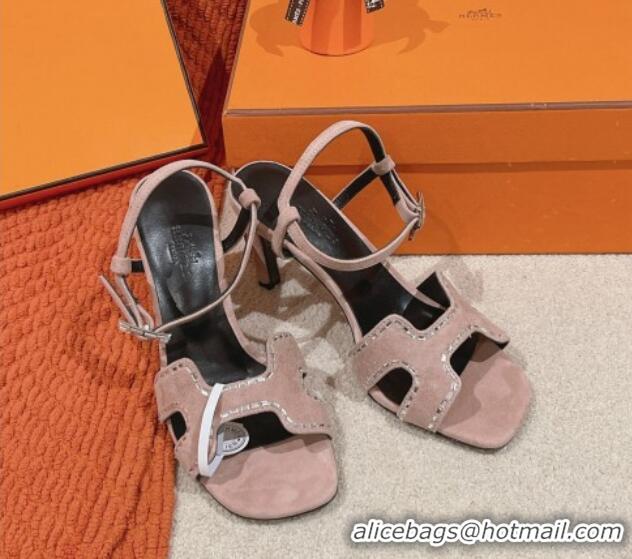 Good Product Hermes Heden Heel Sandals 8cm in Suede with Strass Pink 1230122