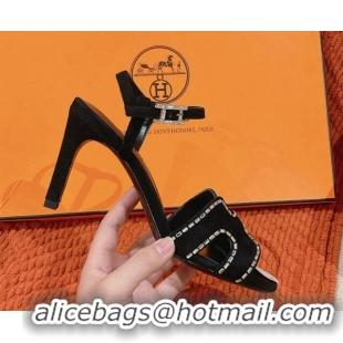 Big Discount Hermes Heden Heel Sandals 8cm in Suede with Strass Black 1230123