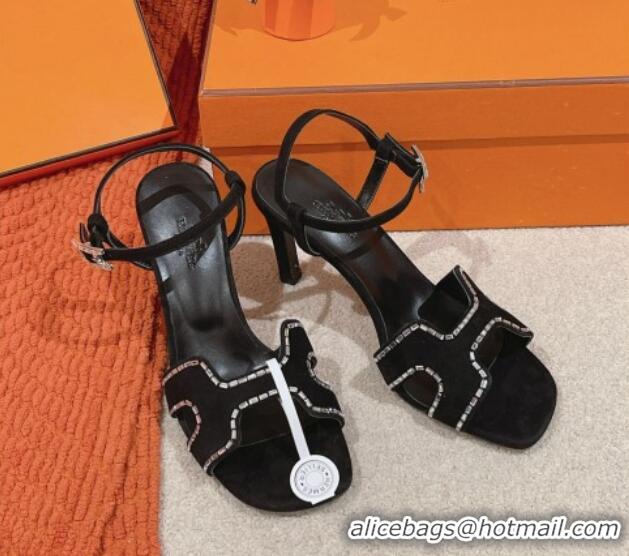 Big Discount Hermes Heden Heel Sandals 8cm in Suede with Strass Black 1230123