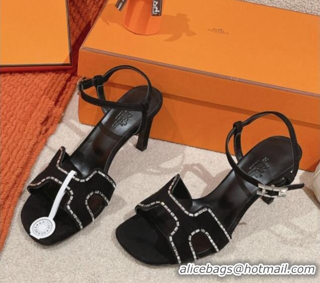 Big Discount Hermes Heden Heel Sandals 8cm in Suede with Strass Black 1230123