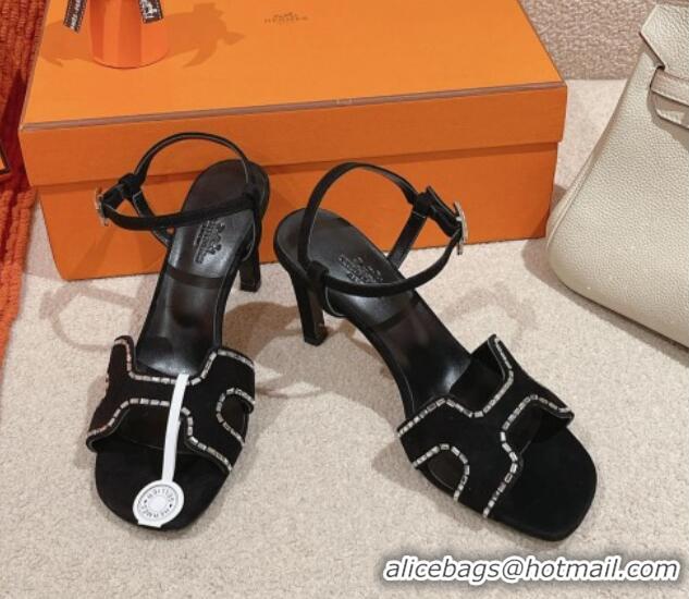 Big Discount Hermes Heden Heel Sandals 8cm in Suede with Strass Black 1230123