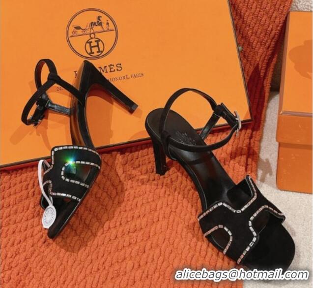 Big Discount Hermes Heden Heel Sandals 8cm in Suede with Strass Black 1230123