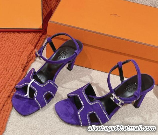 Durable Hermes Heden Heel Sandals 8cm in Suede with Strass Purple 1230124