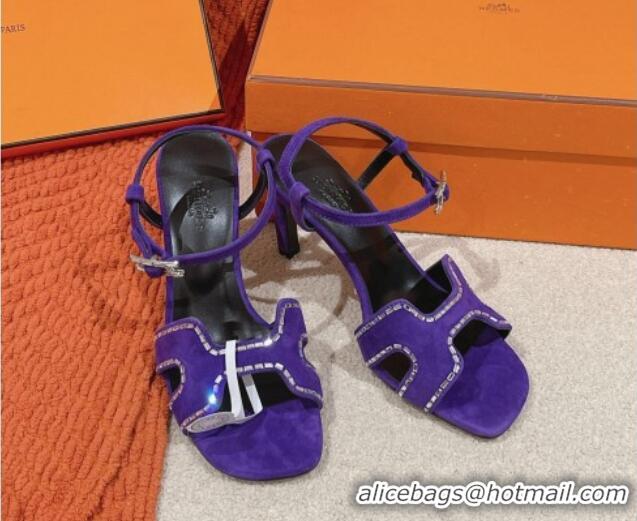 Durable Hermes Heden Heel Sandals 8cm in Suede with Strass Purple 1230124