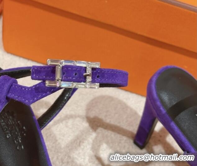 Durable Hermes Heden Heel Sandals 8cm in Suede with Strass Purple 1230124