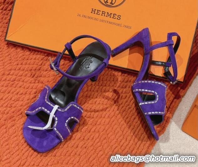 Durable Hermes Heden Heel Sandals 8cm in Suede with Strass Purple 1230124