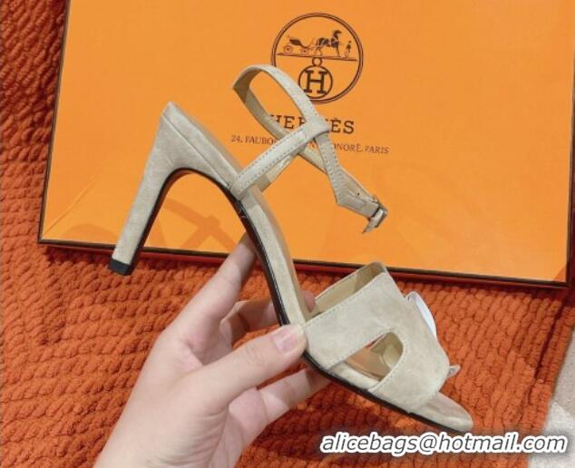 Best Product Hermes Heden Heel Sandals 8cm in Suede Beige 1230125