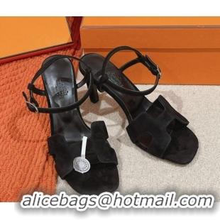 Shop Duplicate Hermes Heden Heel Sandals 8cm in Suede Black 1230126