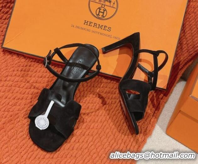 Shop Duplicate Hermes Heden Heel Sandals 8cm in Suede Black 1230126